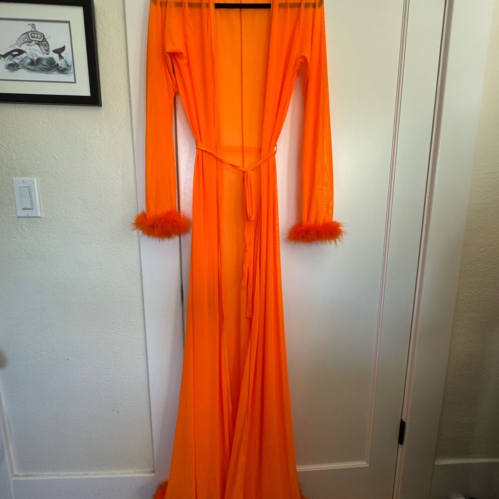 Vibrant Orange Sheer Maxi robe with Feather Trim